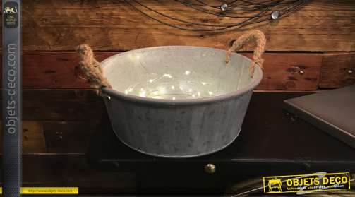 Jardinière décorative en forme de bassine en zinc blanchi avec poignées en corde