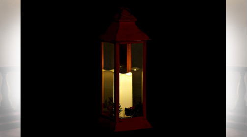 Lanterne de Noël en métal rouge avec grande bougie LED 39 cm